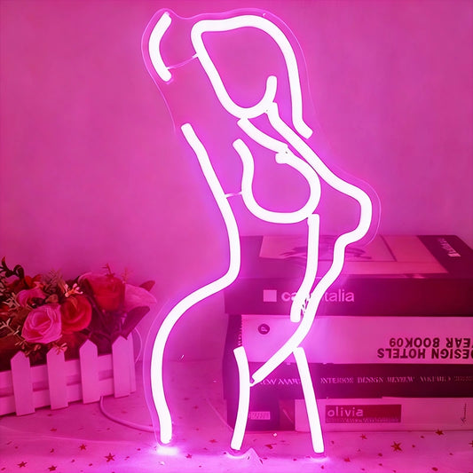 Neon light shaped like a person on a pink background with books and flowers.