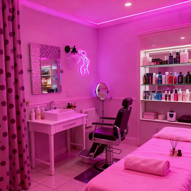 Salon with mirror, chair and a pink elegant lady neon sign in a pink background.