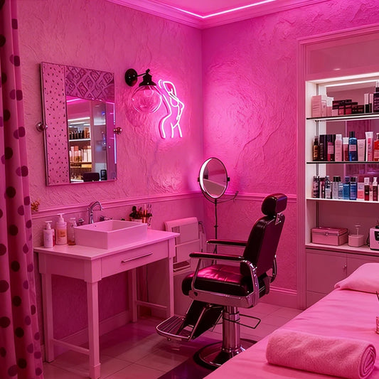 Salon interior with sink, chair, hot pink elegant nude lady neon sign, and shelves.