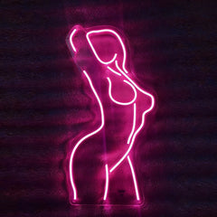 Neon hot pink outline of an elegant nude lady on a dark background