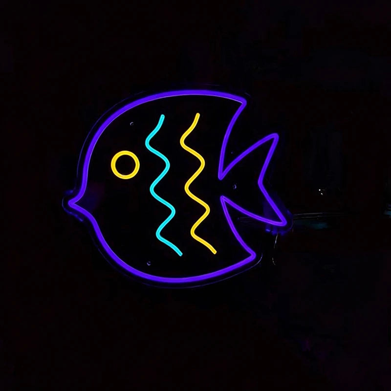 Neon sign of a fish shape on a black background