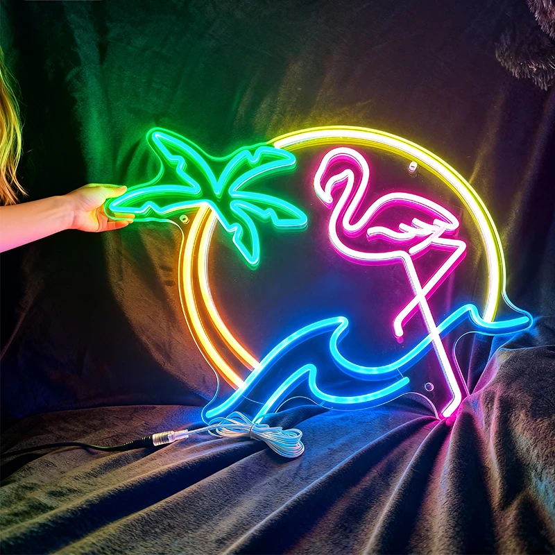 Neon sign with a flamingo, palm tree, and wave design on a dark background