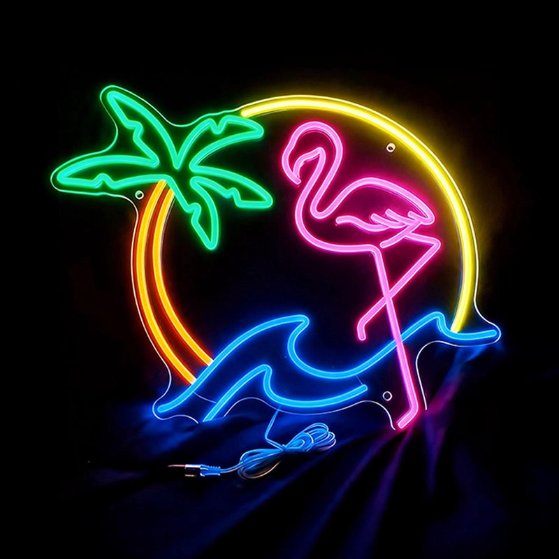 Neon sign with a flamingo, palm tree, and wave on a black background