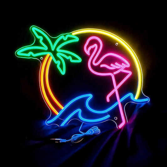 Neon sign with a flamingo, palm tree, and wave on a black background