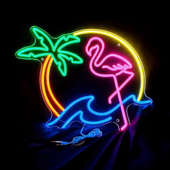 Neon sign with a flamingo, palm tree, and wave on a black background