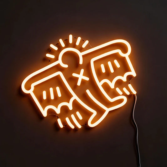 Neon warm white sign of keith haring flying man on a dark background