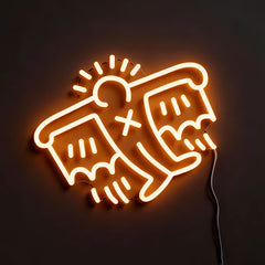 Neon warm white sign of keith haring flying man on a dark background