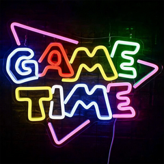 Neon sign with 'GAME TIME' in colorful letters on a dark background