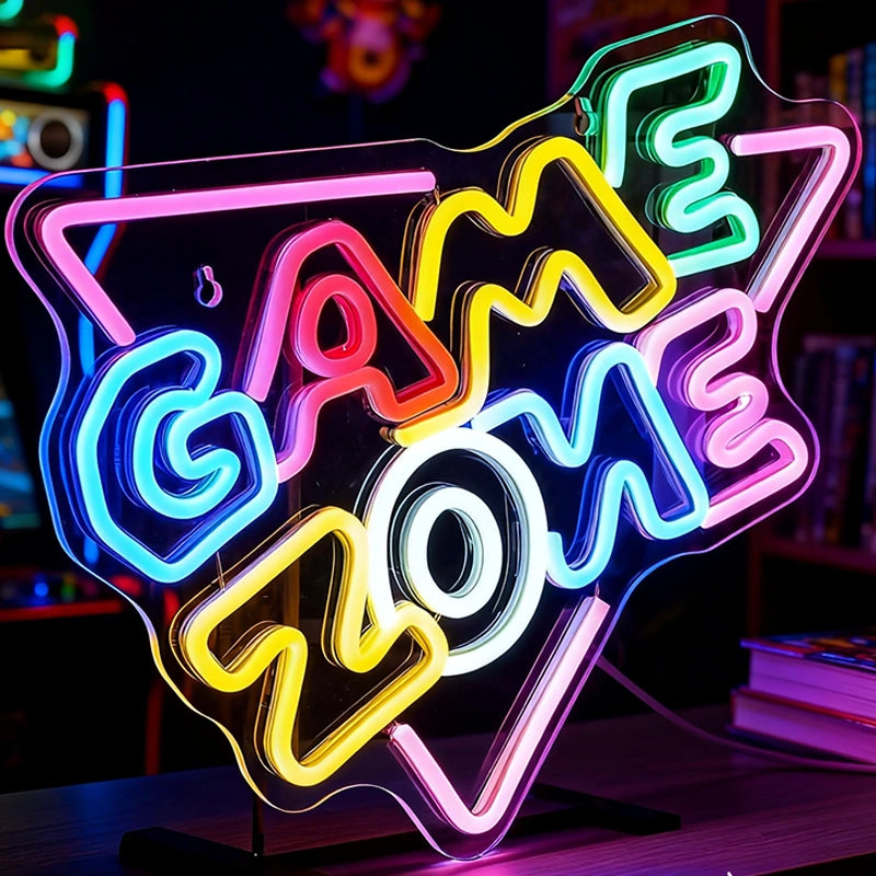 Neon sign that reads 'GAME ZONE' on a dark gaming room.