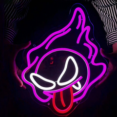 Neon sign of gastly held by a man.