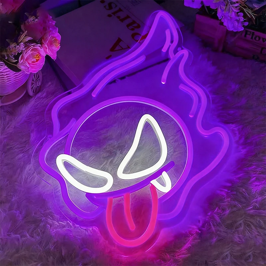Neon sign gastly on a soft surface.