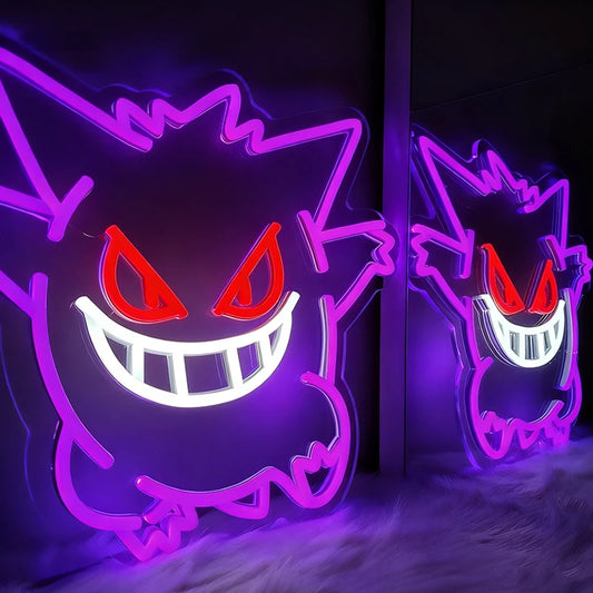 Neon sign of a gengar character with a purple outline, red eyes, and white mouth on a dark background