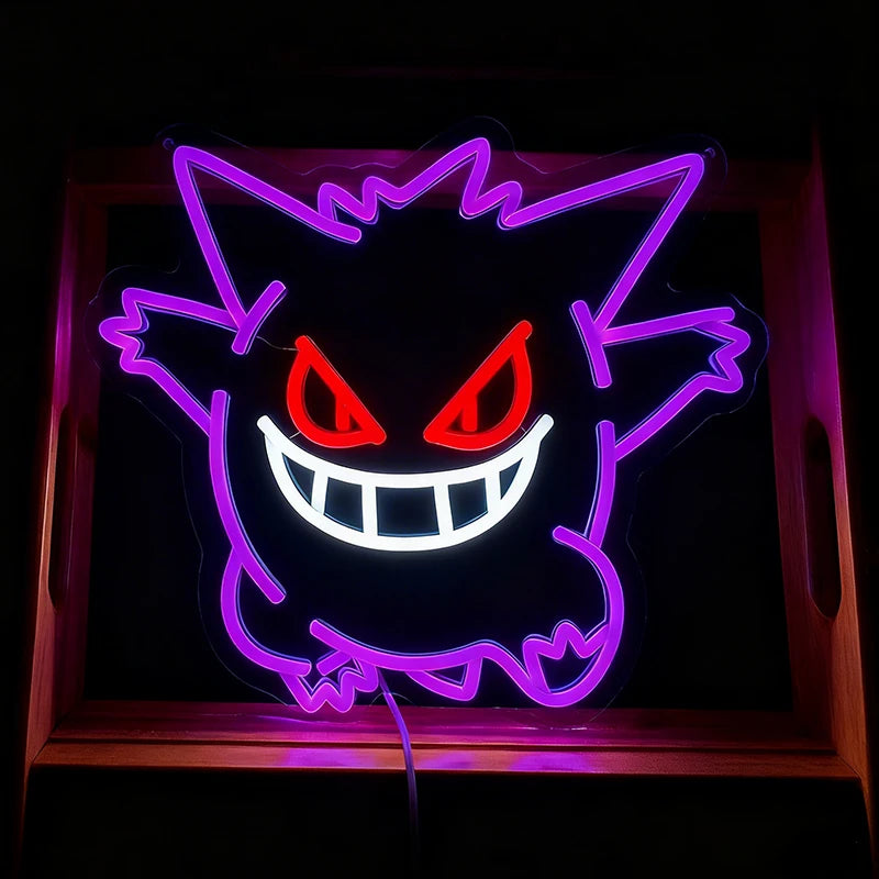 Neon sign of a gengar character with red eyes and a wide grin on a dark background