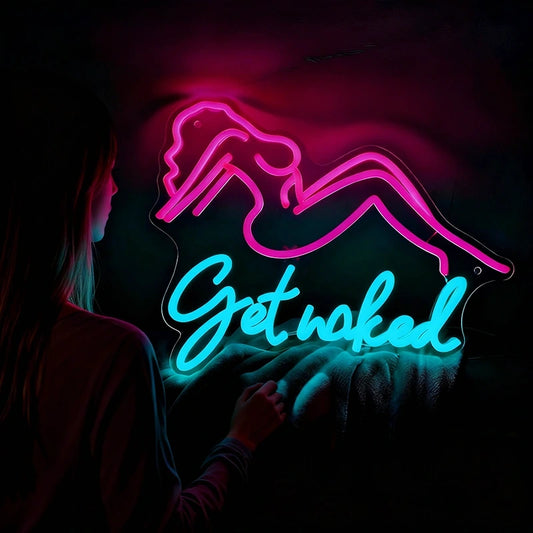 Neon sign with a woman's silhouette and 'Get naked' text in hot pink and ice blue on a dark background.
