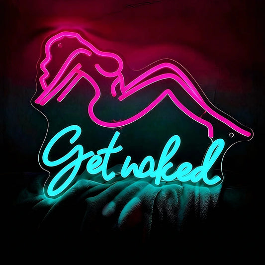 Neon sign with a stylized woman and 'Get naked' text on a dark background