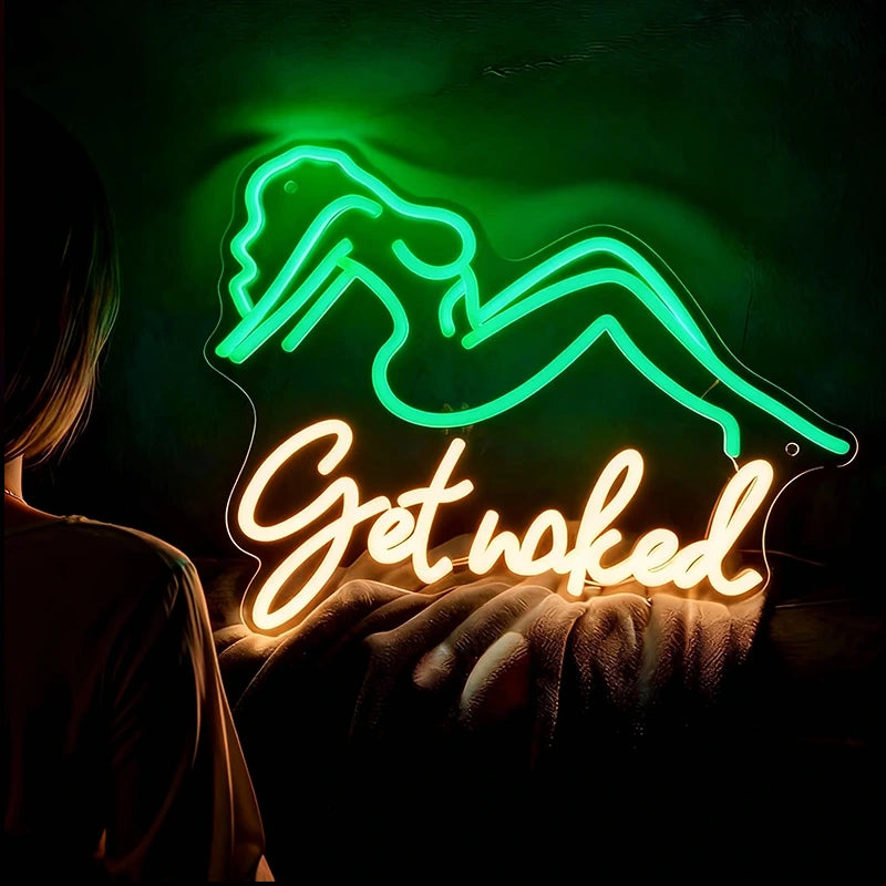 Neon sign with a woman's silhouette and 'Get naked' text on a dark background
