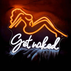 Neon sign with a silhouette of a person and 'Get naked' text on a dark background