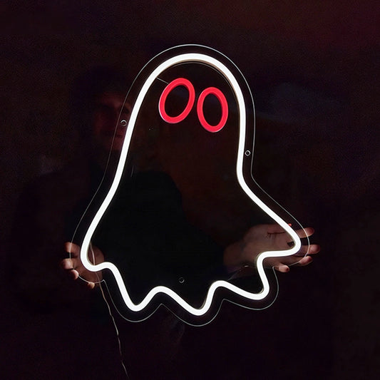 Neon sign shaped like a ghost with red eyes and white outline on a dark background