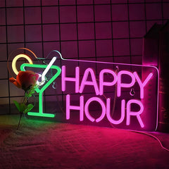 Neon sign with 'Happy Hour' text and cocktail glass design on a dark background