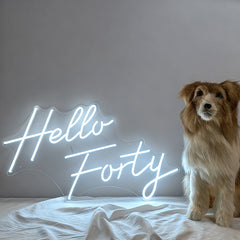 A glowing white neon-style sign that reads 'Hello Forty' sits on a white bed against a gray wall, with a fluffy brown-and-white dog standing to the right.