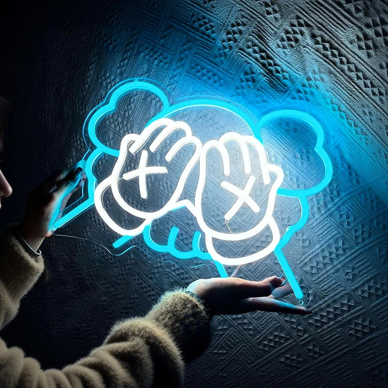 Neon sign of kaws on a textured dark background