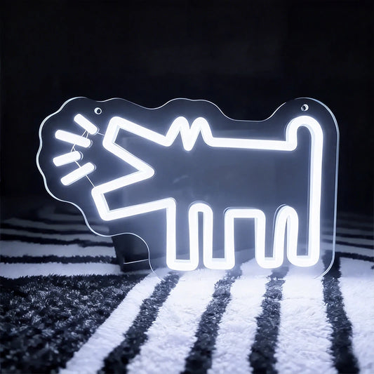 White neon sign shaped like a barking dog on a dark background