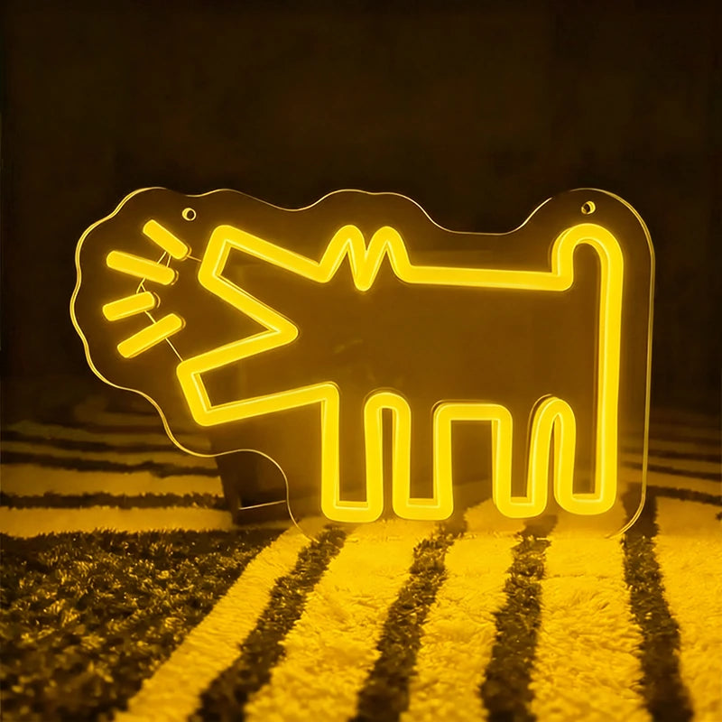 Yellow neon sign shaped like a barking dog on a dark background
