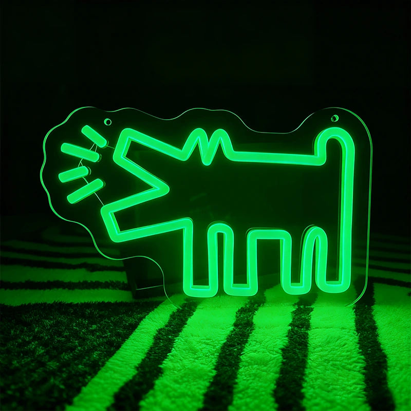 Green neon sign shaped like a barking dog on a dark background