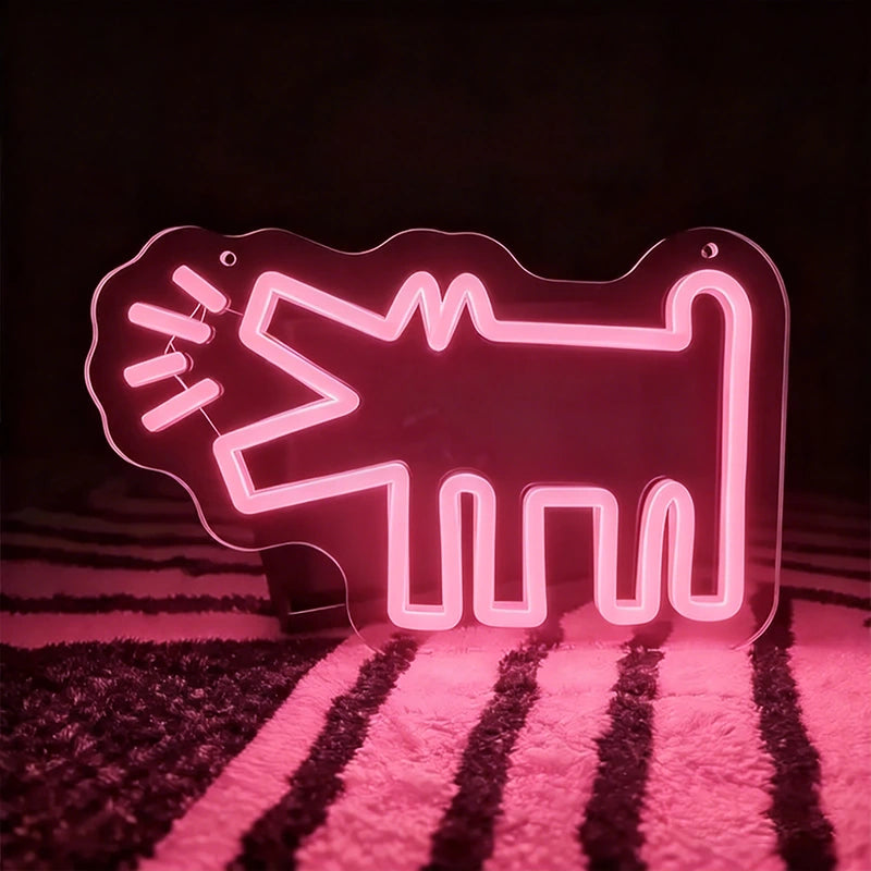 Light pink neon sign shaped like a barking dog on a dark background