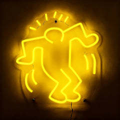Neon yellow outline of a person on a dark background