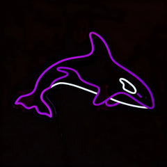 Neon sign with purple color of a shark on a black background