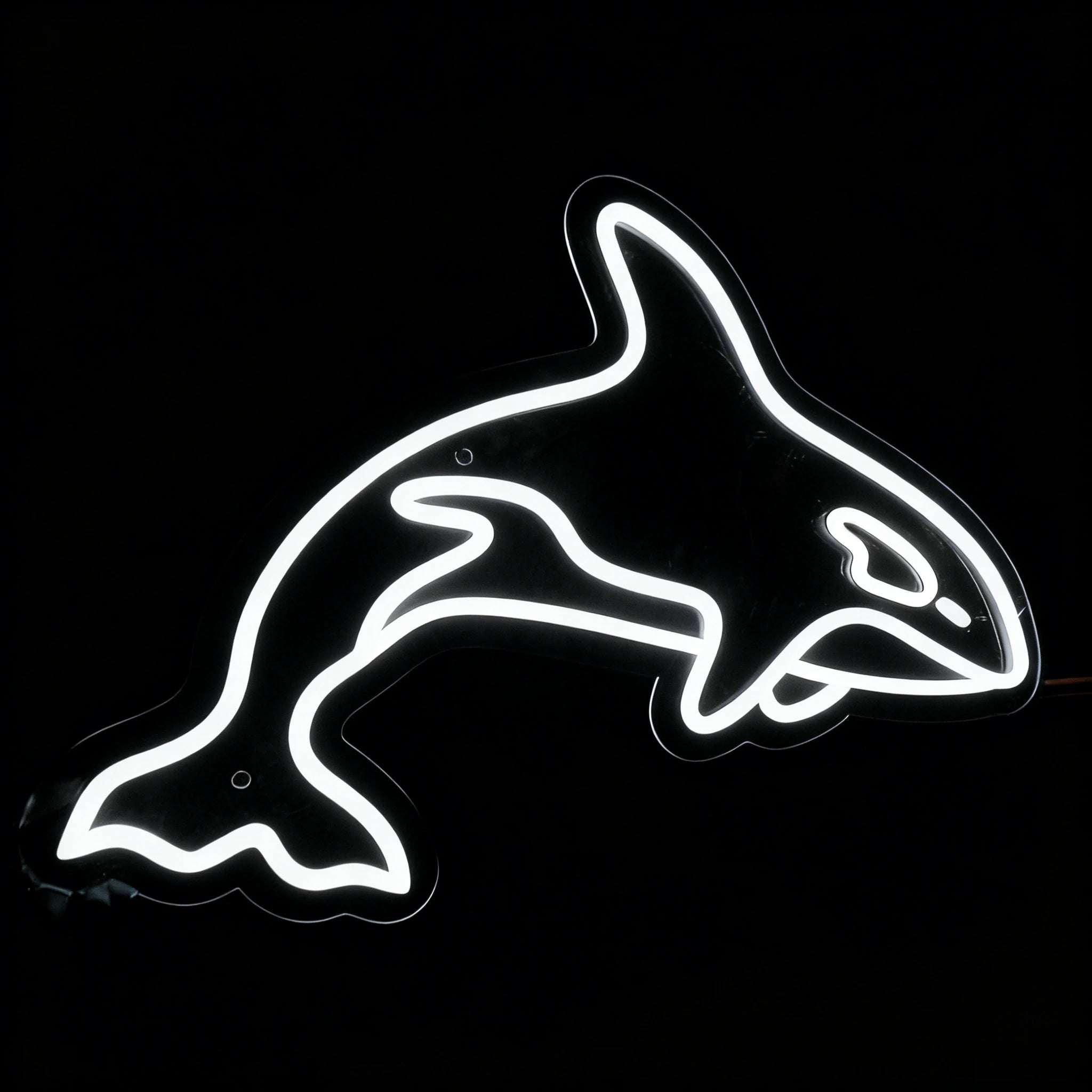 Neon white outline of a killer whale on a black background