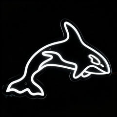 Neon white outline of a killer whale on a black background