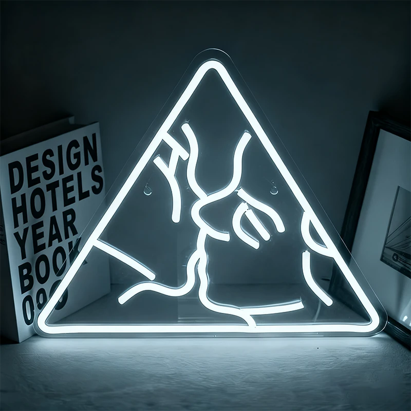 Neon white sign of a mountain in a triangular shape on a dark background