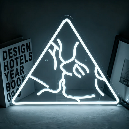 Neon white sign of a mountain in a triangular shape on a dark background