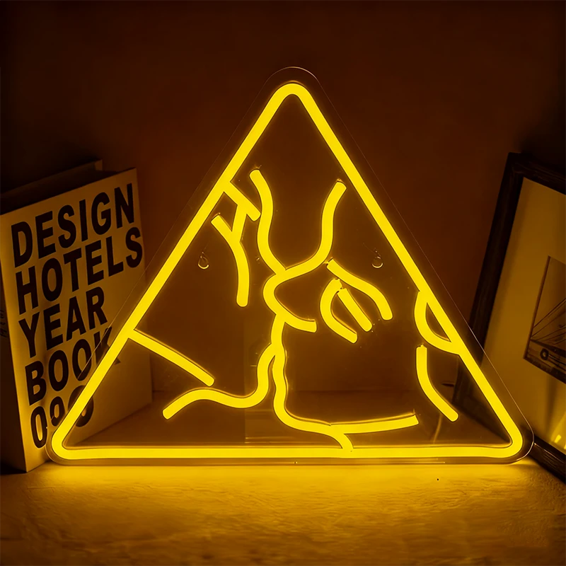 Neon lemon yellow sign shaped like a triangle with abstract design on a dark background