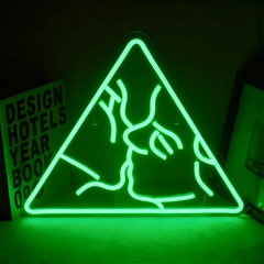 Neon green triangle-shaped sign with abstract design on a dark background