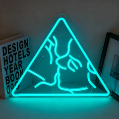 Neon ice blue sign of a couple kissing in a triangle on a dark background