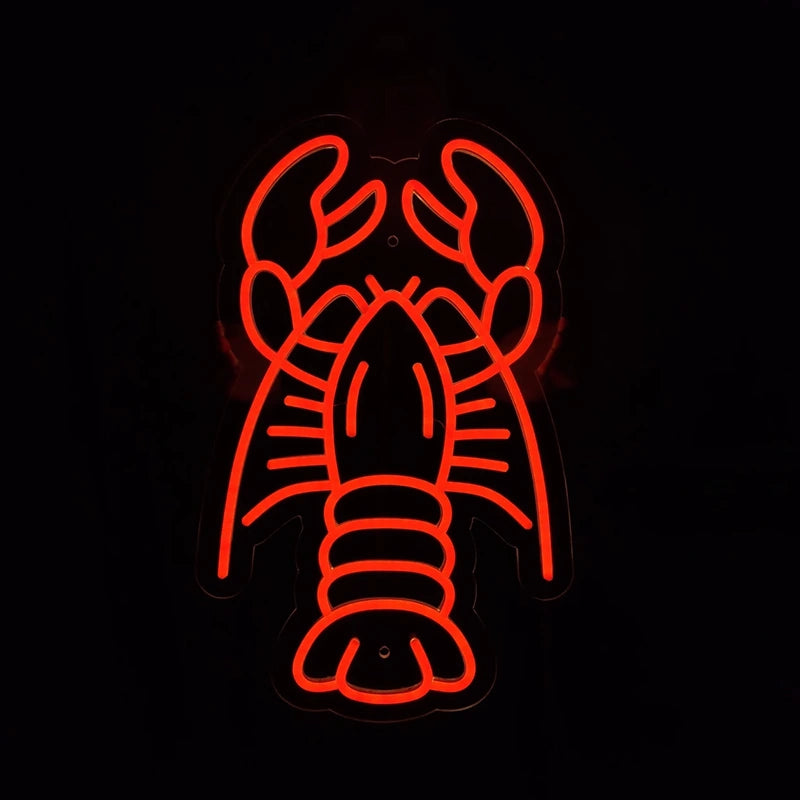 A glowing red neon-style outline sign shaped like a lobster, centered on a black background.