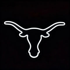 Neon sign of a longhorn logo on a black background