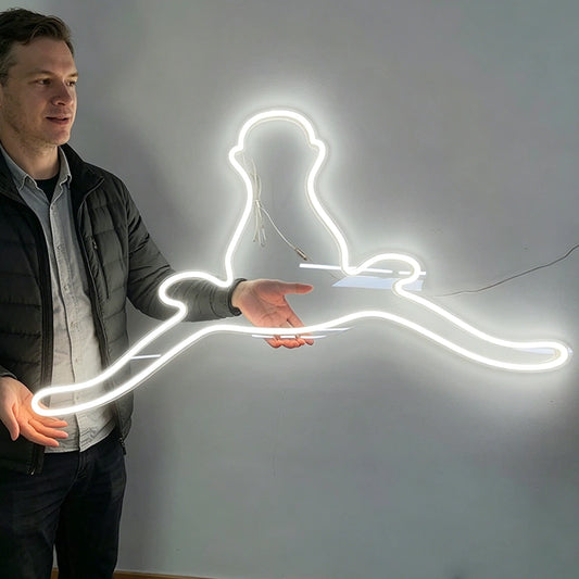 A man stands beside a glowing white neon-style light shaped like a longhorn bull, shown against a plain gray wall.