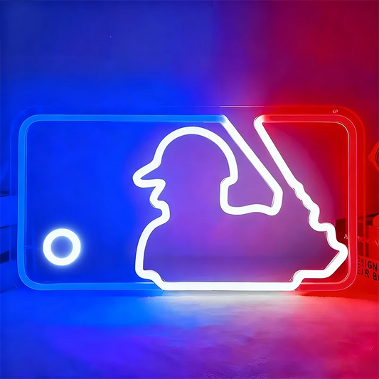 Neon sign of a baseball player in a catcher's mask on a blue and red background