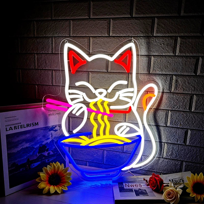 Neon light shaped like a maneki neko fortune cat eating noodles against a brick wall.