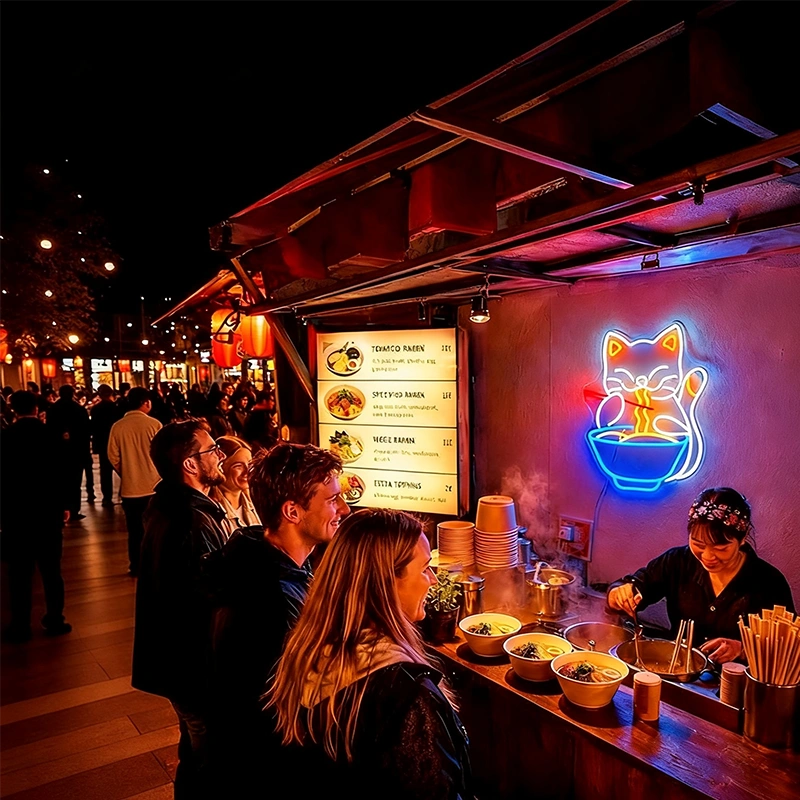 Japanese ramen street food stall at night featuring a glowing lucky cat LED neon sign mounted on the wall, customers waiting for fresh ramen bowls, warm ambient lighting, and vibrant urban night market atmosphere.