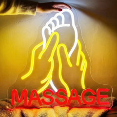 Massage neon sign with hands and a foot on a wall.