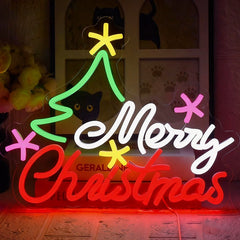 A decorative acrylic LED neon sign shaped like a Christmas tree with the words 'Merry Christmas' in white, red, and yellow neon tubing, displayed in a home setting.
