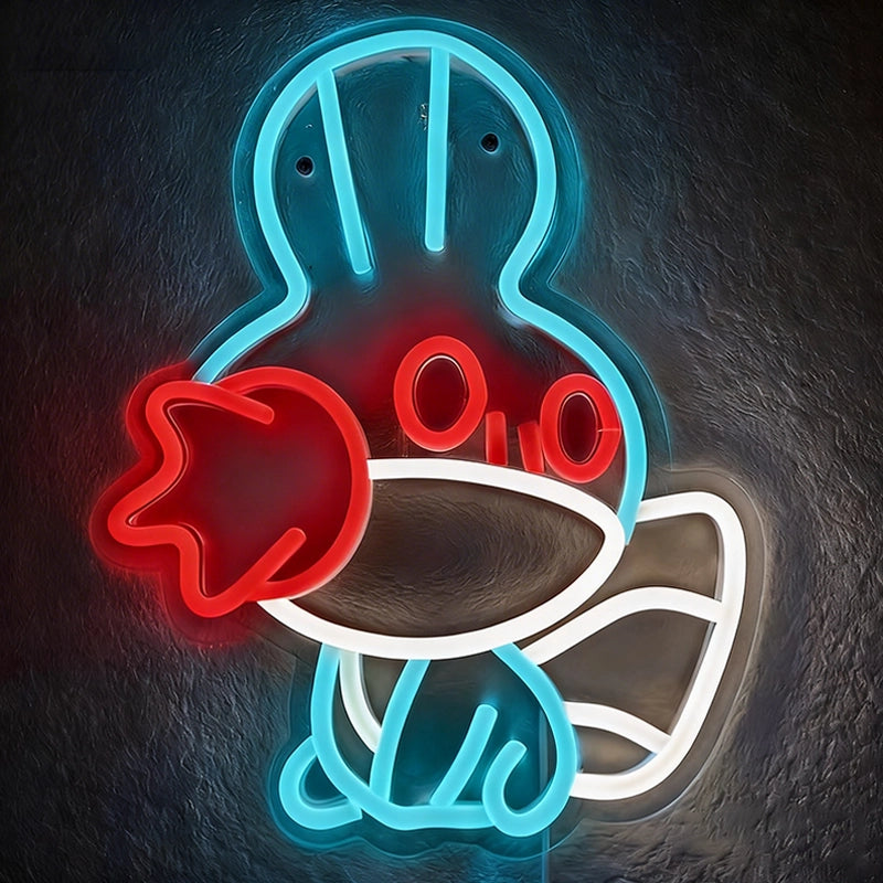 Neon sign of a mudkip pokemon with red, ice blue, and white colors on a dark background