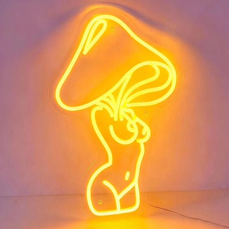Neon lemon yellow light shaped like a mushroom lady on a plain background