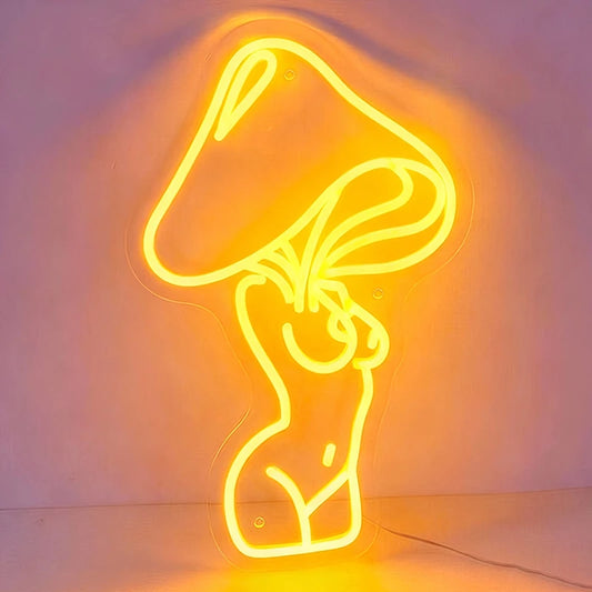 Neon lemon yellow light shaped like a mushroom lady on a plain background
