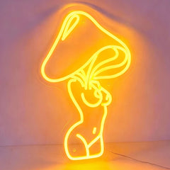 Neon lemon yellow light shaped like a mushroom lady on a plain background